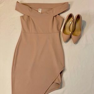 Off the Shoulder Asymmetrical Blush Dress (only)